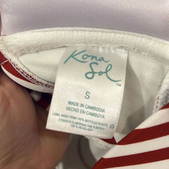 Kona Sol Twist Bandeau One Piece Swimsuit Deep Red and White Stripes Size Small - Picture 13 of 15